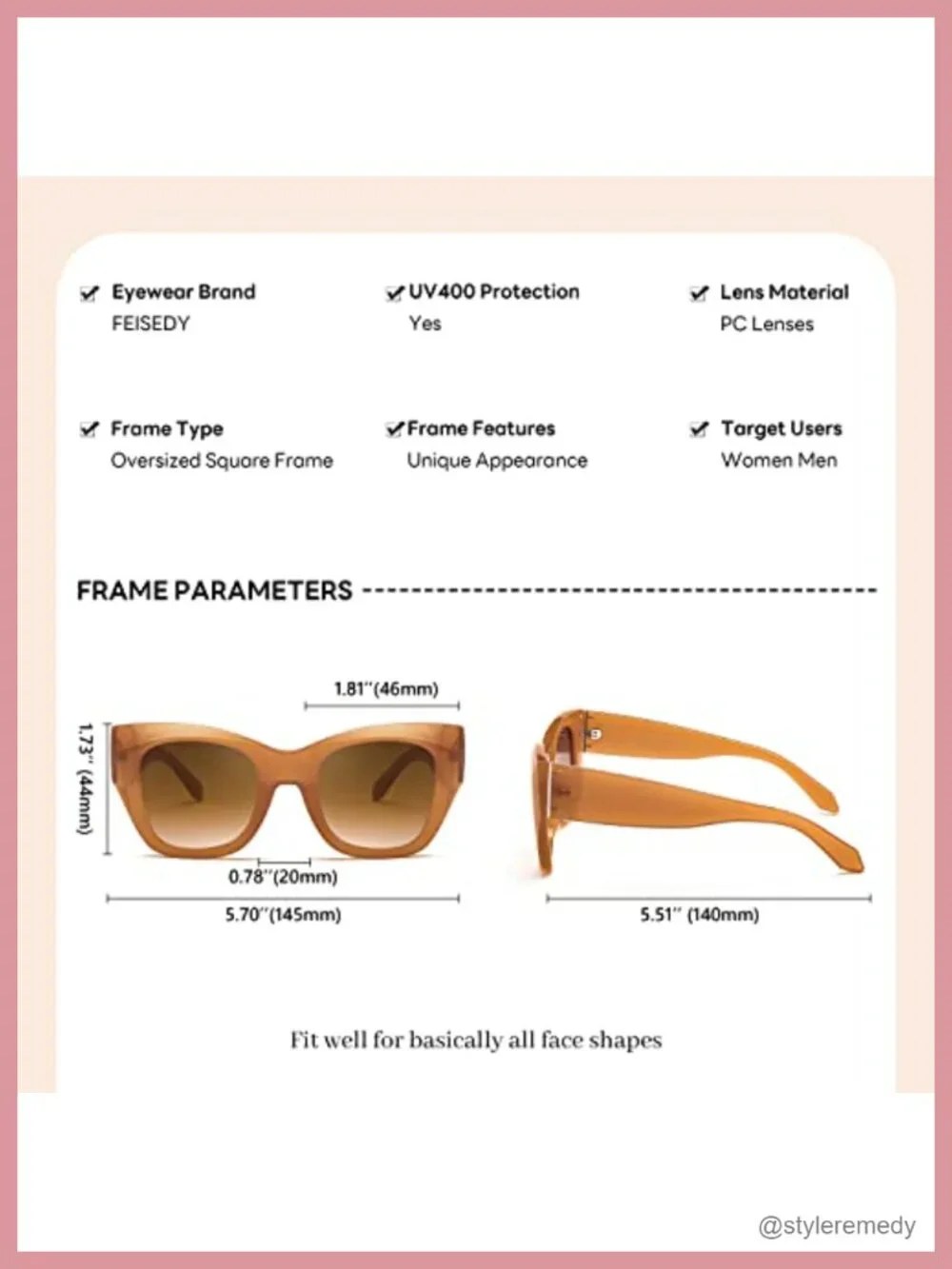 Oversized Square Retro Sunglasses UV400 Protection